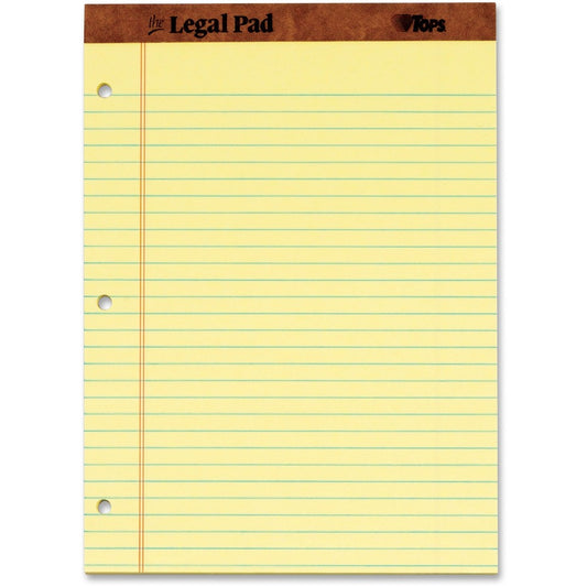 TOPS The Legal Pad Writing Pad - 50 Sheets - Double Stitched - 0.34" Ruled - 16 lb Basis Weight - 8 1/2" x 11 3/4" Sheet Size - Canary Paper - Perforated, Punched, Hard Cover - 12 / Dozen