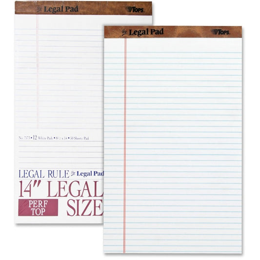 TOPS The Legal Pad Writing Pad - 50 Sheets - Double Stitched - 0.34" Ruled - 16 lb Basis Weight - Legal - 8 1/2" x 14" Sheet Size - White Paper - Chipboard Cover - Perforated, Hard Cover, Removable - 12 / Dozen