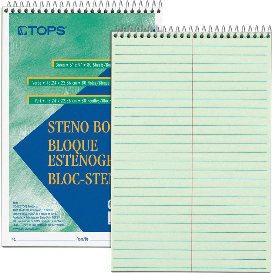 TOPS Steno Book - 80 Sheets - Wire Bound - Gregg Ruled Margin - 6" x 9" Sheet Size - Green Tint Paper - Snag Resistant, Acid-free, Heavyweight - 1 Each