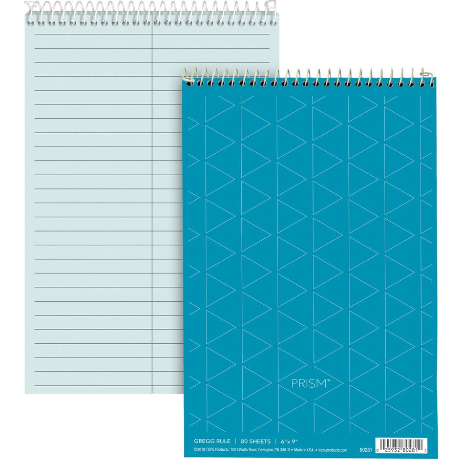 TOPS Prism Steno Books - 80 Sheets - Wire Bound - Gregg Ruled Margin - 6" x 9" Sheet Size - Blue Paper - Perforated, Stiff-back, WireLock - 4 / Pack