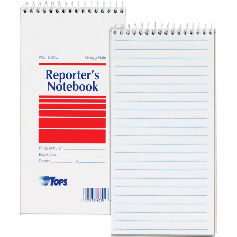TOPS Reporter's Notebooks - 70 Sheets - Spiral - Gregg Ruled Margin - 4" x 8" Sheet Size - White Paper - Pocket - 12 / Pack