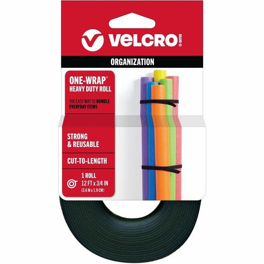 VELCRO&reg, ONE-WRAP Roll 12ft x 3/4in Roll Black - 12 ft Length x 0.75" Width - Black - For Bundling, Wrapping, Holding, Indoor, Outdoor, Multipurpose, Home, Worksite, Office, Transportation, Garage, ... Roll - 1 Roll