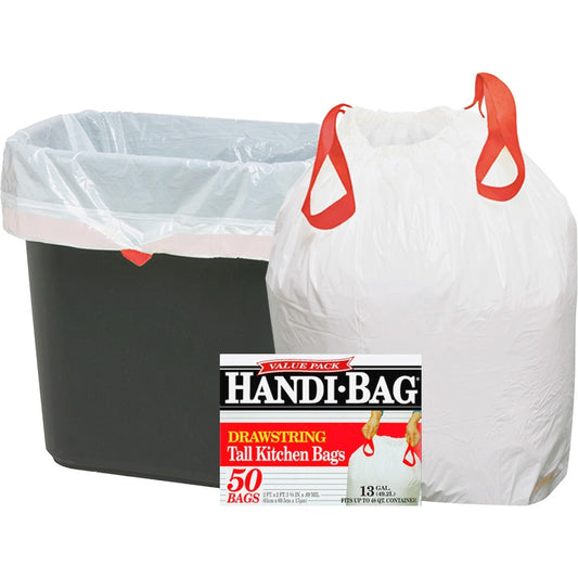 Berry Handi-Bag Drawstring Tall Kitchen Bags - Small Size - 13 gal Capacity - 27" Length x 24" Width x 0.69 mil (18 Micron) Thickness - Drawstring Closure - White - Resin - Kitchen - 50 / Box