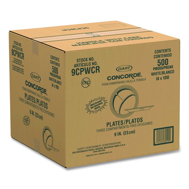 Concorde Foam Plate, 3-Compartment Plate, 9" dia, White, 125/Pack, 4 Packs/Carton