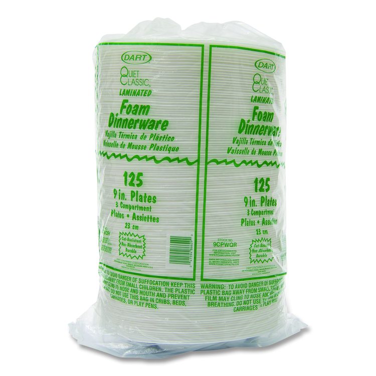 Quiet Classic Laminated Foam Plates, 3-Compartment Plate, 9" dia, White, 125/Pack, 4 Packs/Carton