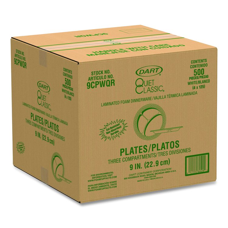 Quiet Classic Laminated Foam Plates, 3-Compartment Plate, 9" dia, White, 125/Pack, 4 Packs/Carton