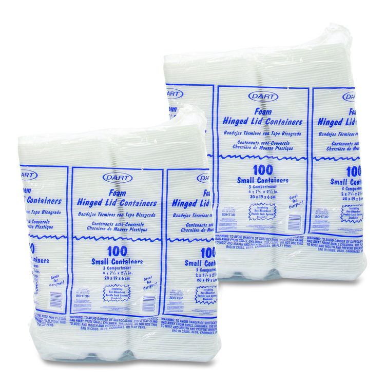 Foam Hinged Lid Containers, 3 Compartments, 7.5 x 8 x 2.3, White, 200/Carton