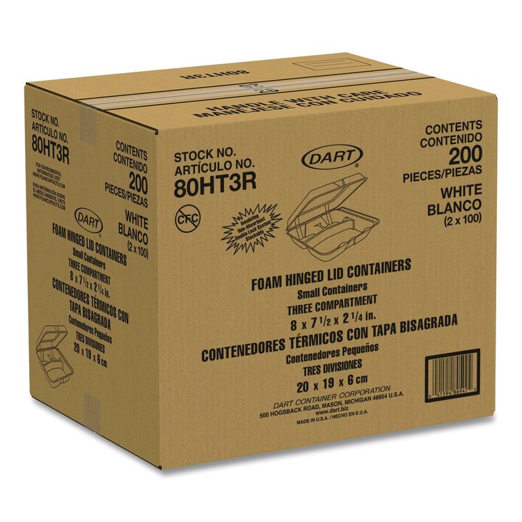 Foam Hinged Lid Containers, 3 Compartments, 7.5 x 8 x 2.3, White, 200/Carton
