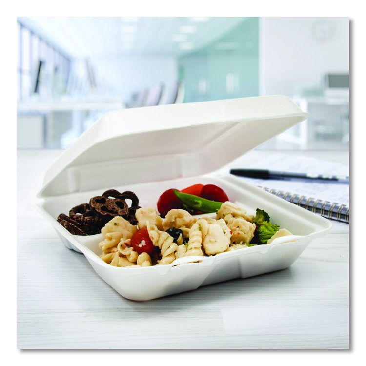 Foam Hinged Lid Containers, 3 Compartments, 7.5 x 8 x 2.3, White, 200/Carton