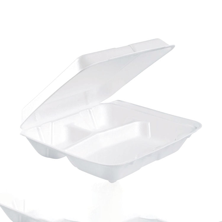 Foam Hinged Lid Containers, 3 Compartments, 7.5 x 8 x 2.3, White, 200/Carton