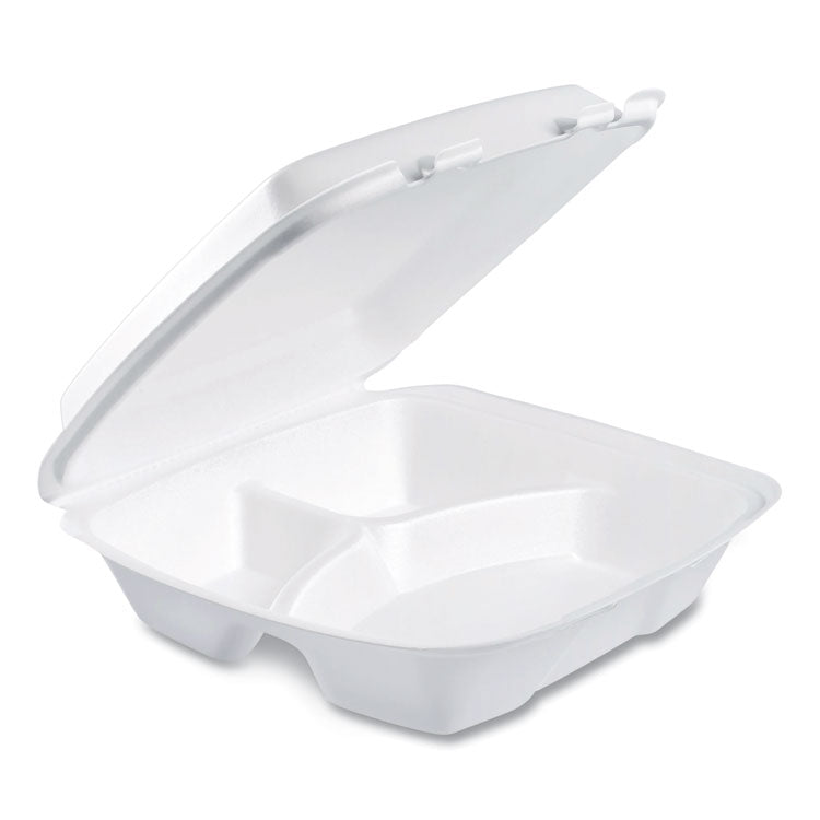 Foam Hinged Lid Container, Performer Perforated Lid, 3 Compartments, 9 x 9.4 x 3, White, 100/Bag, 2 Bag/Carton