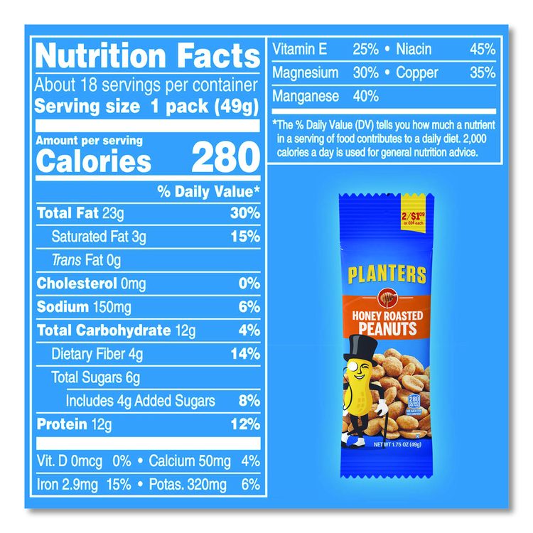 Honey Roasted Peanuts, 1.75 oz Tube, 18/Box