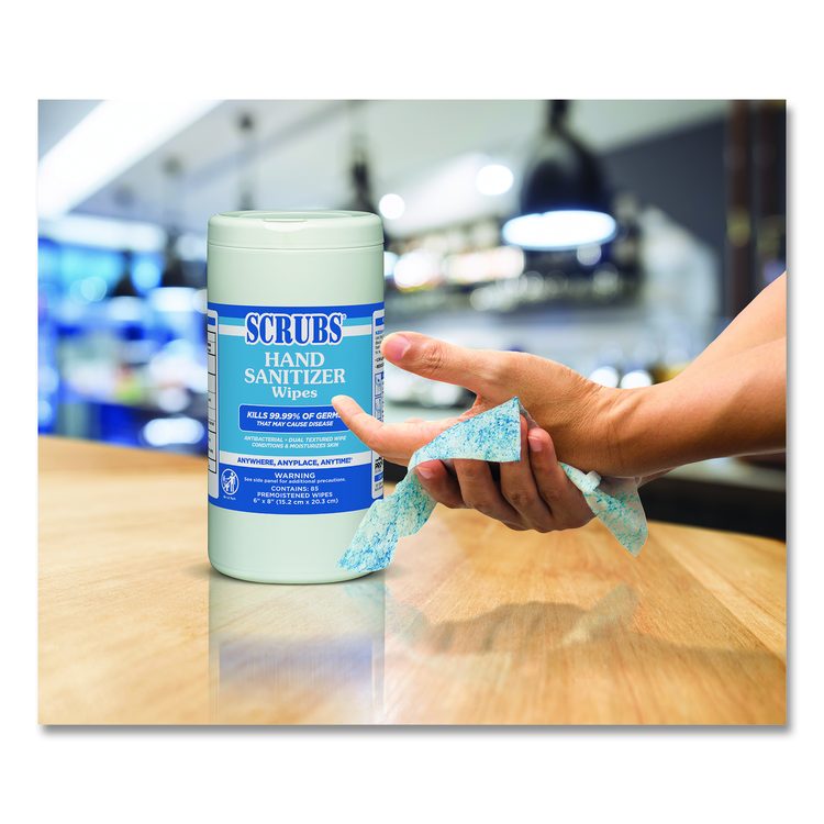 Hand Sanitizer Wipes, 1-Ply, 6 x 8, Unscented, Blue/White, 85/Canisters (Each)