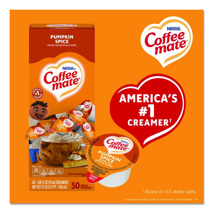 Liquid Coffee Creamer, Pumpkin Spice, 0.38 oz. Mini Cups, 50/Box