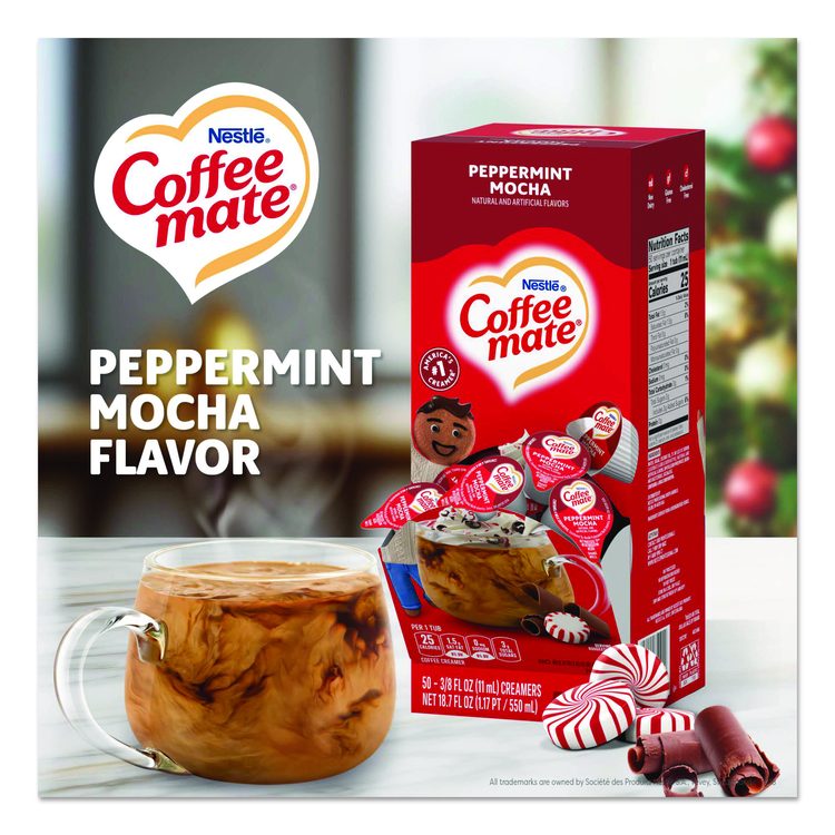 Liquid Coffee Creamer, Peppermint Mocha, 0.38 oz Mini Cups, 50/Box