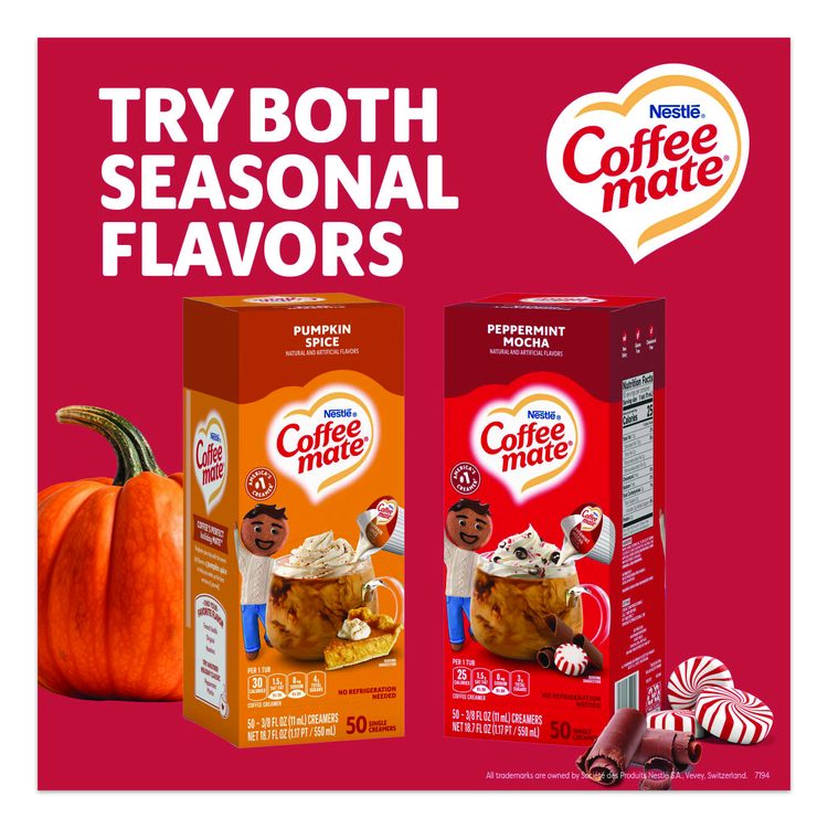 Liquid Coffee Creamer, Peppermint Mocha, 0.38 oz Mini Cups, 50/Box