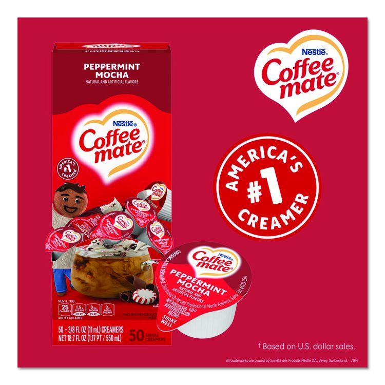 Liquid Coffee Creamer, Peppermint Mocha, 0.38 oz Mini Cups, 50/Box, 4 Boxes/Carton