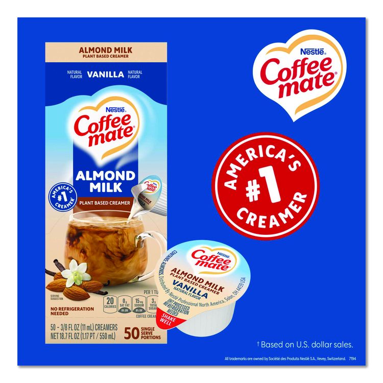 Plant-Based Almond Milk Non-Dairy Liquid Creamer Singles, Natural Vanilla, 0.38 oz Mini Cups, 200/Carton
