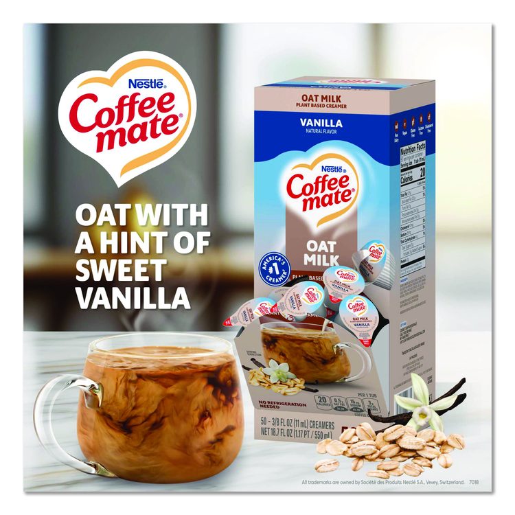 Plant-Based Oat Milk Liquid Creamers, Natural Vanilla, 0.38 oz Mini Cups, 50/Box, 4 Boxes/Carton