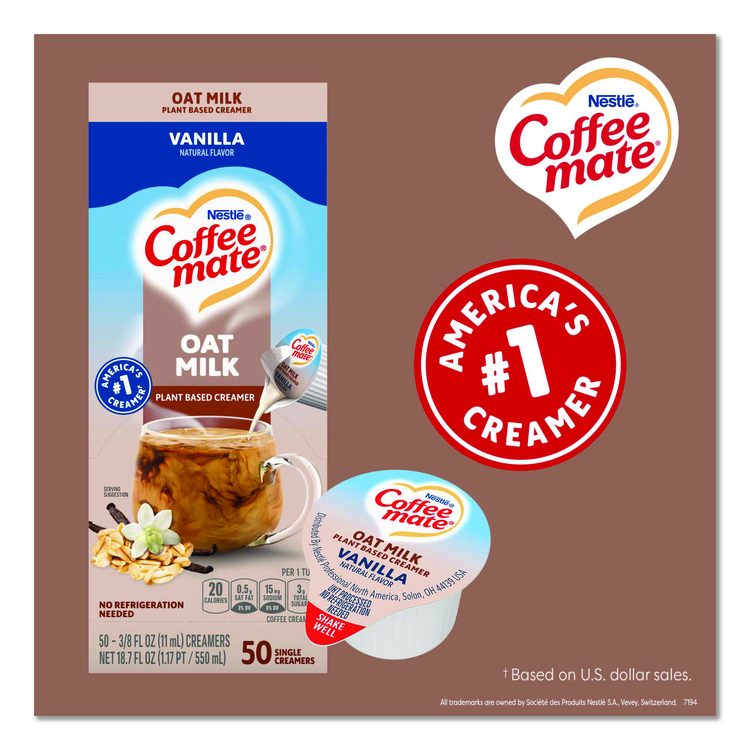 Plant-Based Oat Milk Liquid Creamers, Natural Vanilla, 0.38 oz Mini Cups, 50/Box, 4 Boxes/Carton