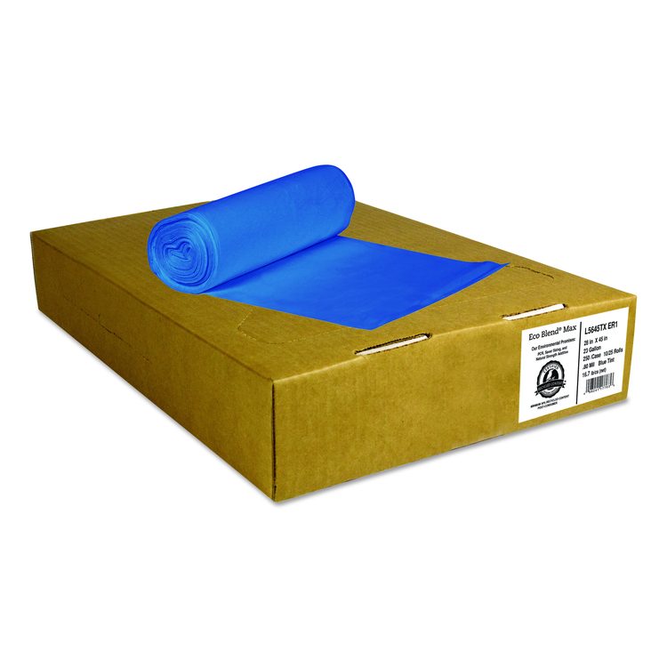 Eco Blend Max Can Liners, 45 gal, 0.8 mil, 40" x 46", Blue, 25 Bags/Roll, 6 Rolls/Carton