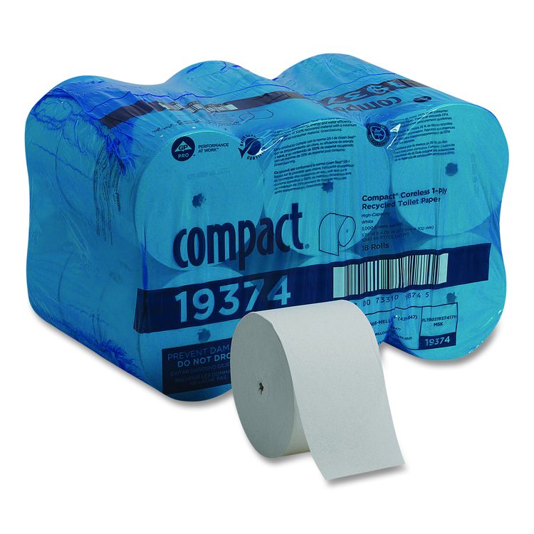 Compact Coreless One-Ply Bath Tissue, Septic Safe, White, 3,000 Sheets/Roll, 18 Rolls/Carton