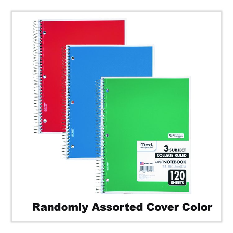 Spiral Notebook, 3-Subject, Medium/College Rule, Randomly Assorted Cover Color, (120) 11 x 8 Sheets