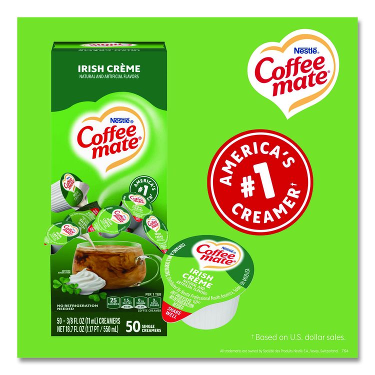 Liquid Coffee Creamer, Irish Cream, 0.38 oz Mini Cups, 50/Box