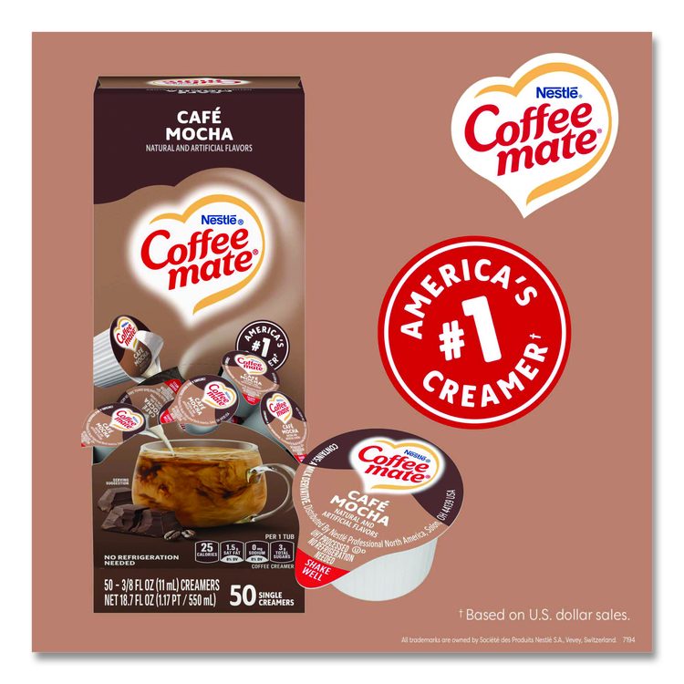 Liquid Coffee Creamer, Cafe Mocha, 0.38 oz Mini Cups, 50/Box