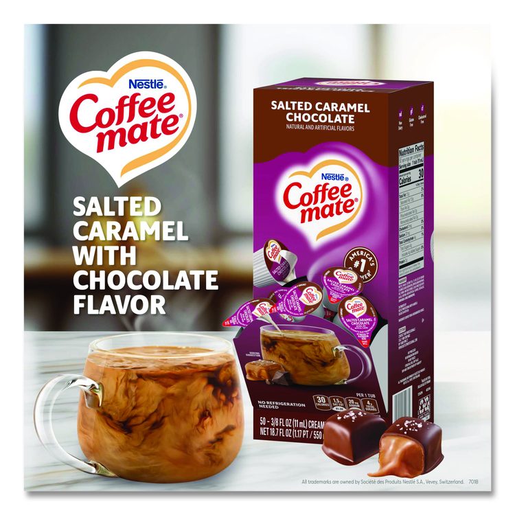 Liquid Coffee Creamer, Salted Caramel Chocolate, 0.38 oz Mini Cups, 50/Box, 4 Boxes/Carton