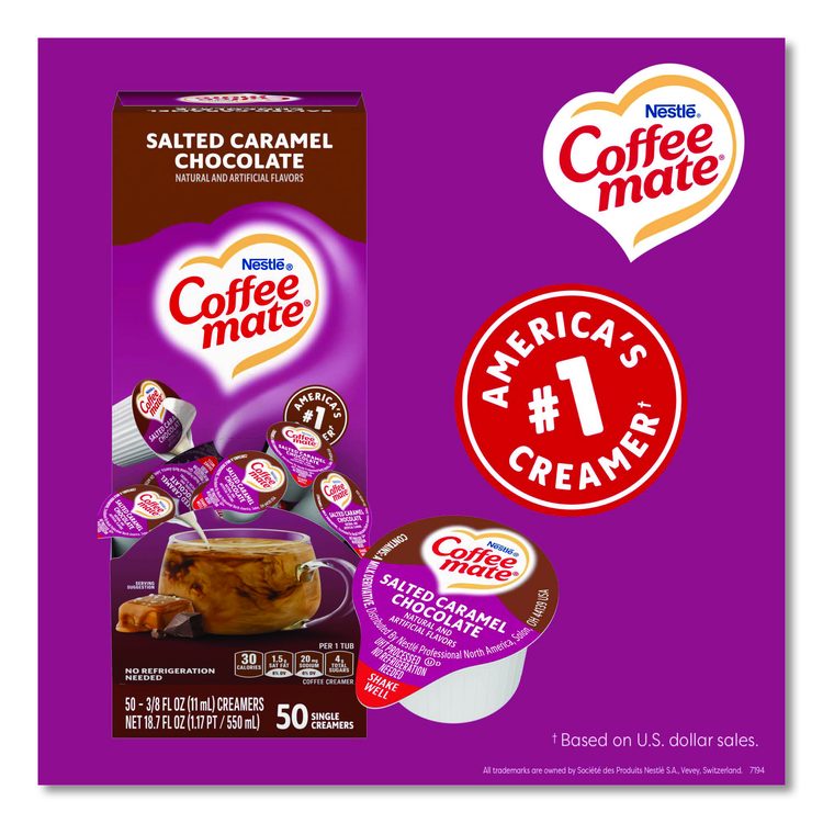 Liquid Coffee Creamer, Salted Caramel Chocolate, 0.38 oz Mini Cups, 50/Box, 4 Boxes/Carton