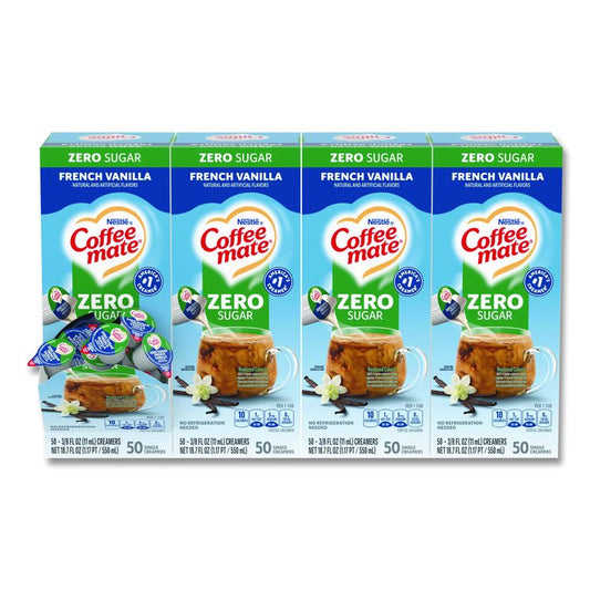 Liquid Coffee Creamer, Zero Sugar French Vanilla, 0.38 oz Mini Cups, 50/Box, 4 Boxes/Carton