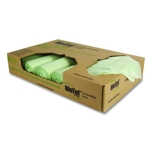 Biotuf Compostable Can Liners, 32 gal, 1 mil, 34" x 48", Green, 20 Bags/Roll, 5 Rolls/Carton