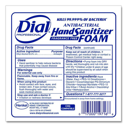 Antibacterial Foaming Hand Sanitizer Refill for Dial 1700 Dispenser, 1.2 L Refill, Fragrance-Free (Each)
