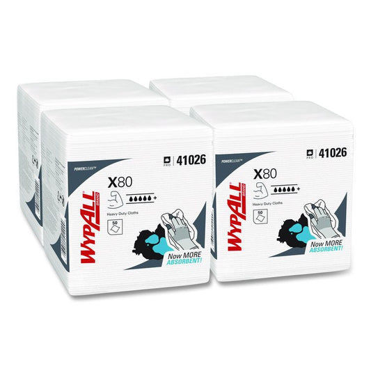 Power Clean X80 Heavy Duty Cloths, 1/4 Fold, 12.5 x 12, White, 50/Box, 4 Boxes/Carton