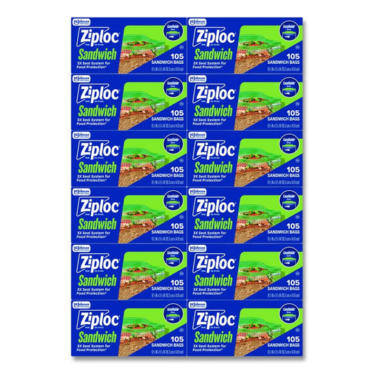 Resealable Sandwich Bags, 1.2 mil, 6.5" x 5.88", Clear, 105 Bags/Box, 12 Boxes/Carton
