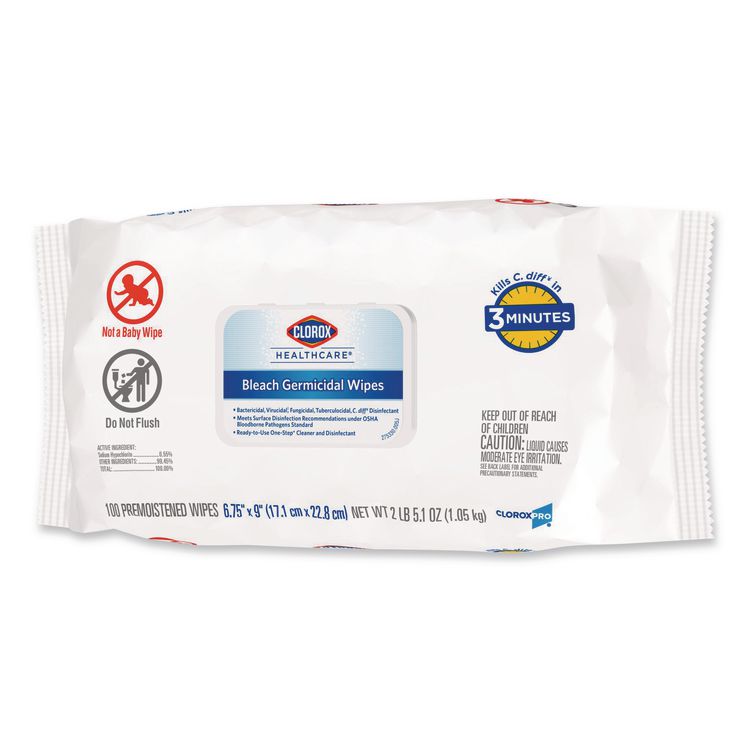 Bleach Germicidal Wipes, Disinfectant Wipes, 1-Ply, 6.75 x 9, Unscented, White, 100 Wipes/Flex-Pack, 6 Flex-Packs/Carton