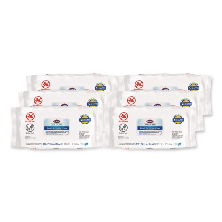 Bleach Germicidal Wipes, Disinfectant Wipes, 1-Ply, 6.75 x 9, Unscented, White, 100 Wipes/Flex-Pack, 6 Flex-Packs/Carton