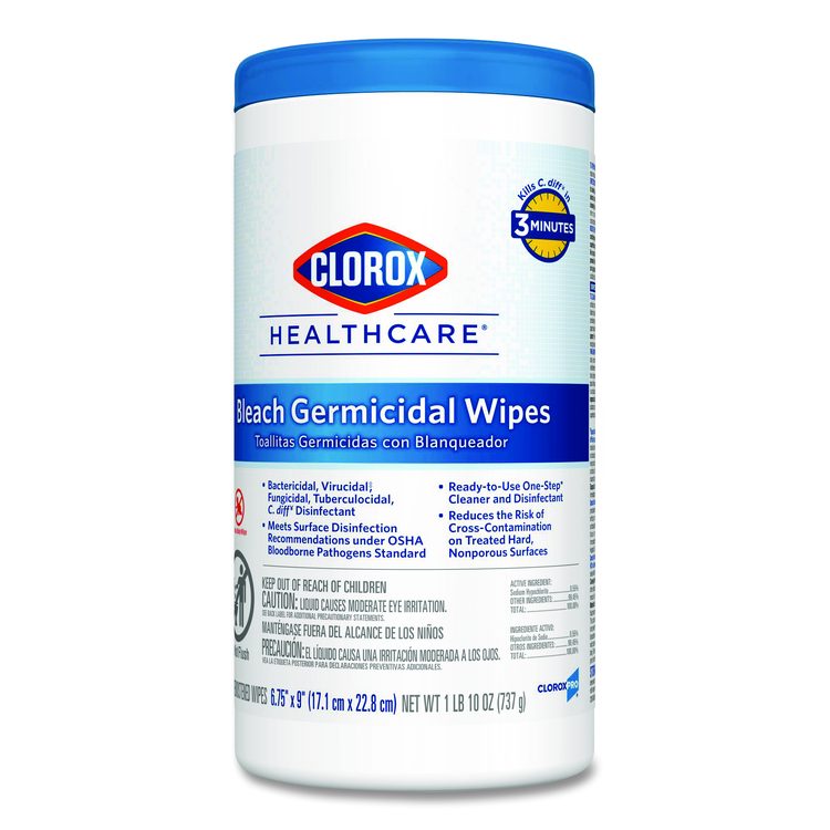 Bleach Germicidal Wipes, 1-Ply, 6.75 x 9, Unscented, White, 70/Canister, 6 Canisters/Carton