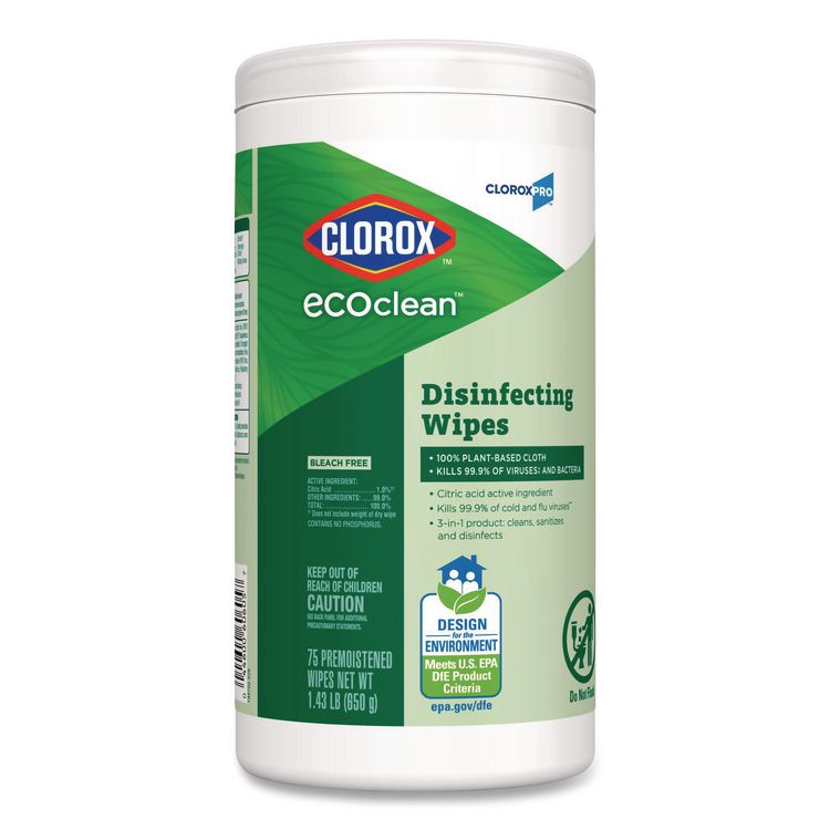 CloroxPro EcoClean Disinfecting Wipes, 1-Ply, 8 x 7, Unscented, White, 75 Count, 6/Carton