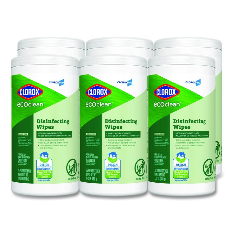 CloroxPro EcoClean Disinfecting Wipes, 1-Ply, 8 x 7, Unscented, White, 75 Count, 6/Carton