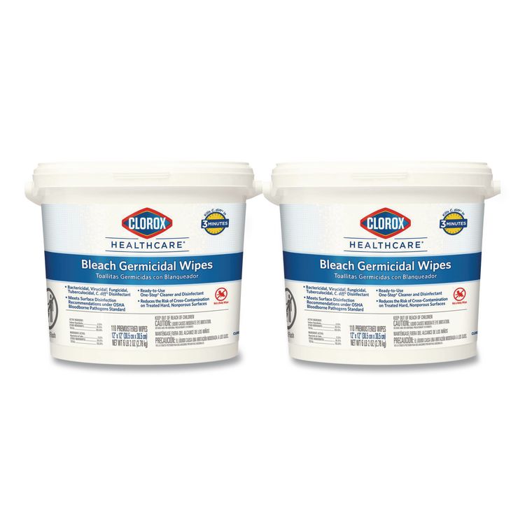 Bleach Germicidal Wipes, 1-Ply, 12 x 12, Unscented, White, 110/Bucket, 2 Buckets/Carton