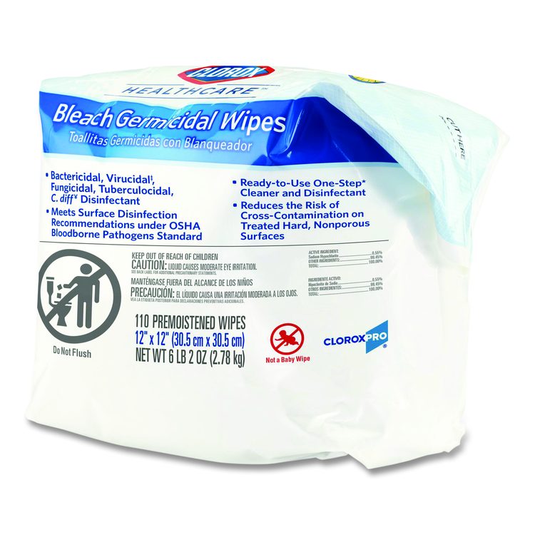 Bleach Germicidal Wipes, 1-Ply, 12 x 12, Unscented, White, 110/Refill, 2 Refills/Carton