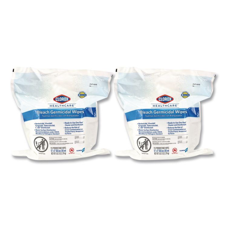 Bleach Germicidal Wipes, 1-Ply, 12 x 12, Unscented, White, 110/Refill, 2 Refills/Carton