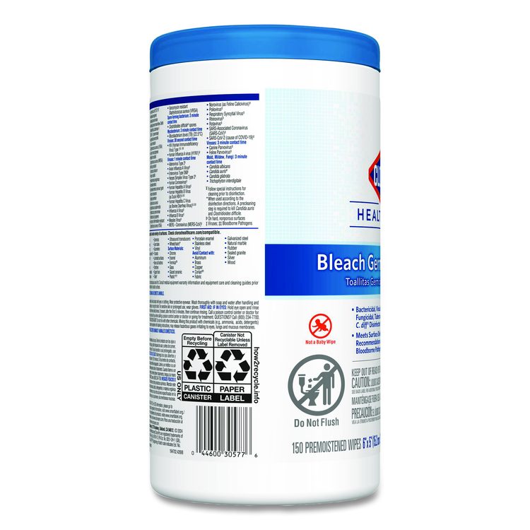 Bleach Germicidal Wipes, 1-Ply, 6 x 5, Unscented, White, 150/Canister, 6 Canisters/Carton