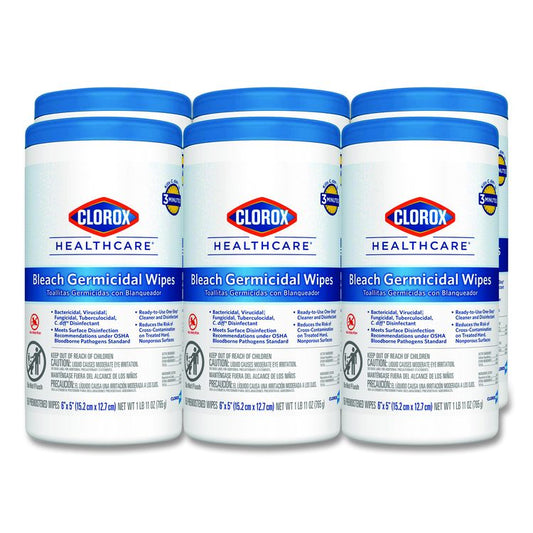 Bleach Germicidal Wipes, 1-Ply, 6 x 5, Unscented, White, 150/Canister, 6 Canisters/Carton