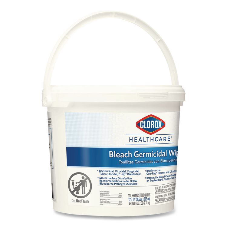 Bleach Germicidal Wipes, 1-Ply, 12 x 12, Unscented, White, 110/Bucket