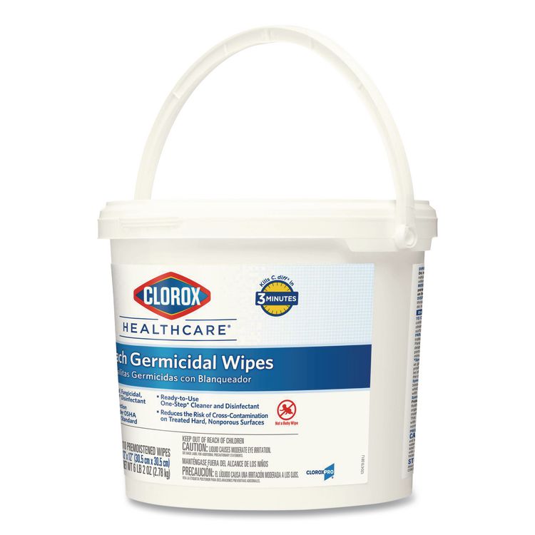 Bleach Germicidal Wipes, 1-Ply, 12 x 12, Unscented, White, 110/Bucket