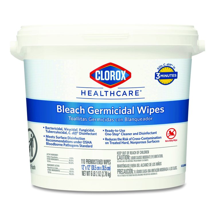 Bleach Germicidal Wipes, 1-Ply, 12 x 12, Unscented, White, 110/Bucket