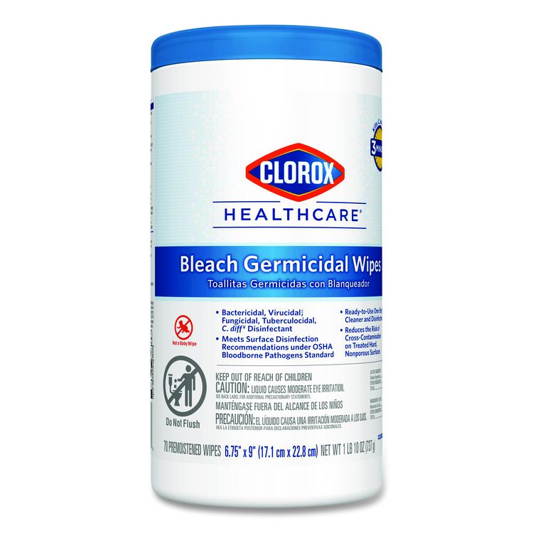 Bleach Germicidal Wipes, 1-Ply, 6.75 x 9, Unscented, White, 70/Canister